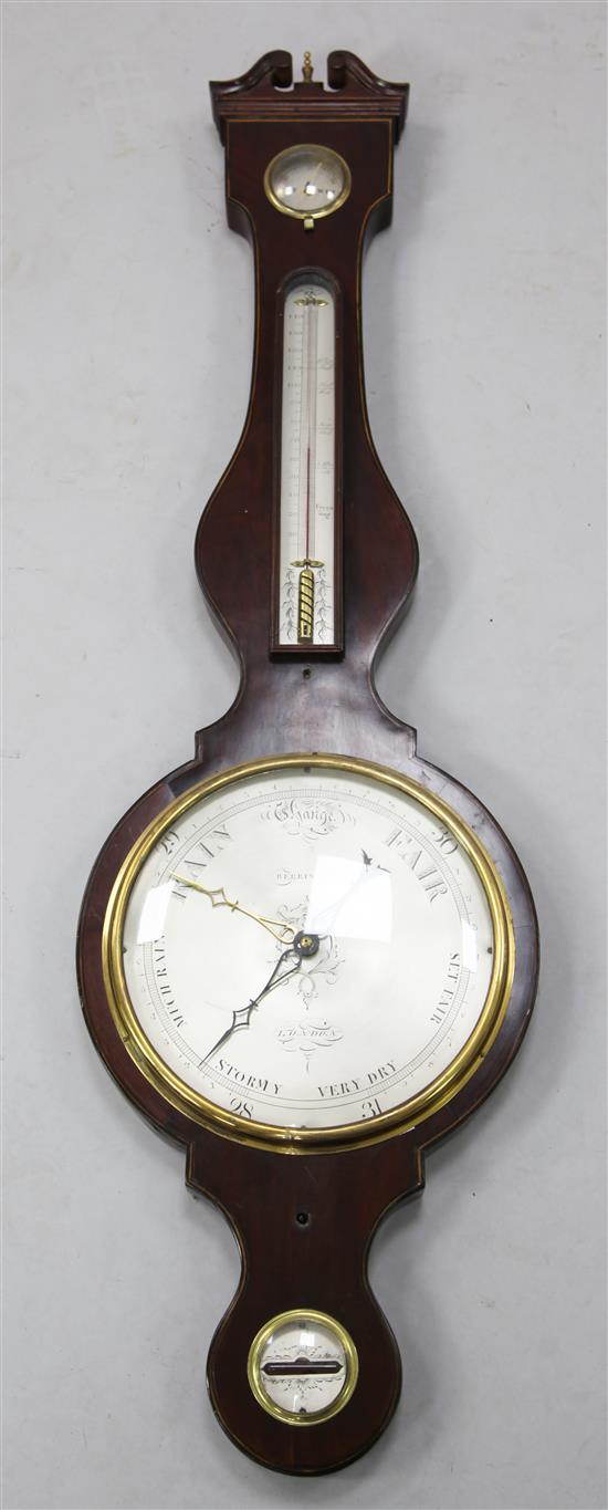 Berringer of London. A Regency strung mahogany wheel barometer, 3ft 6in.
